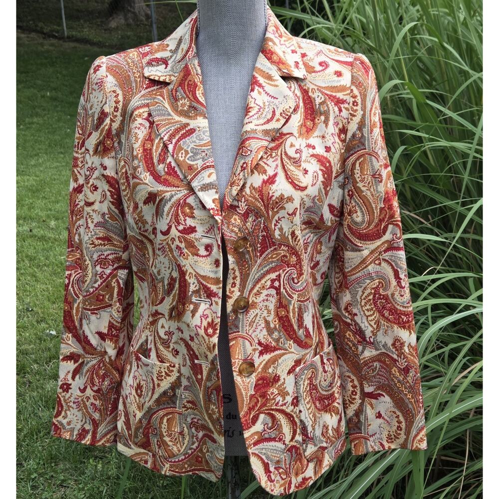 Vintage 90s Linda Allard Ellen Tracy Paisley Wool Blend Blazer Size 2 - Picture 2 of 10